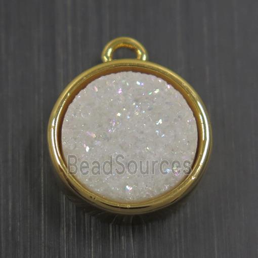 white AB-color Druzy Agate pendant, flat round, gold plated