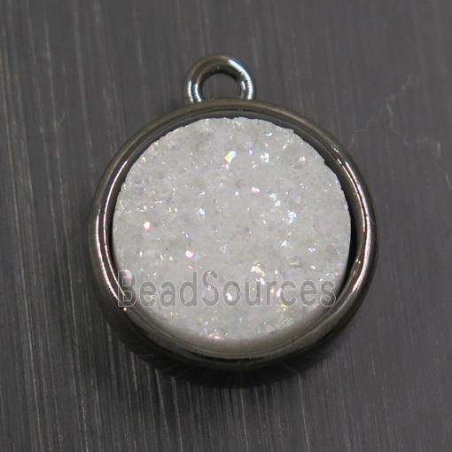 white AB-color Druzy Agate pendant, flat round, black plated