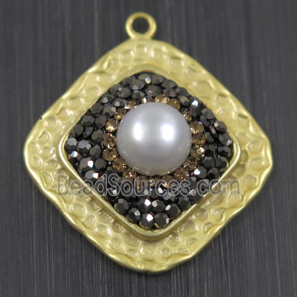 white Pearl pendant pave rhinestone, copper, square, duck silver plated