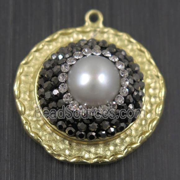 white Pearl pendant pave rhinestone copper flat round matte gold
