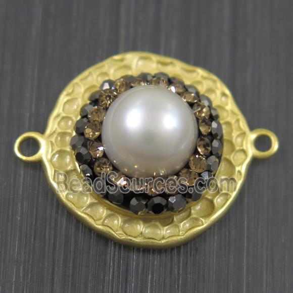 white Pearl connector pave rhinestone, copper, flat round, duck gold plated