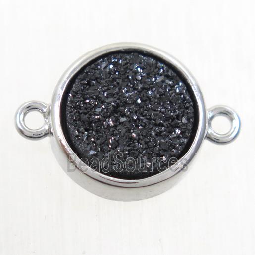 black Druzy Agate connector, flat round, platinum plated