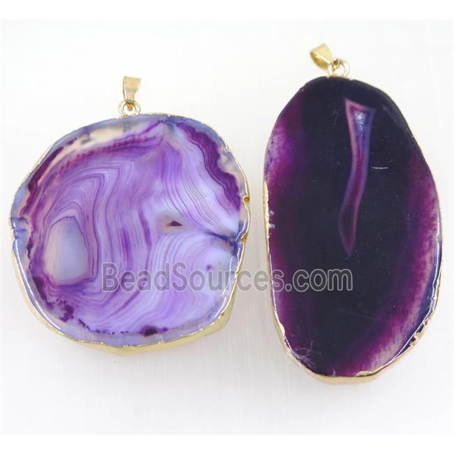 purple stripe Agate slice pendants, freeform, gold plated