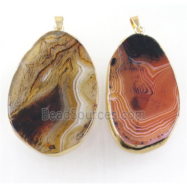 Stripe Agate slice pendants, freeform, mix color, gold plated