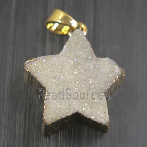 white AB-color Druzy Quartz star pendant, gold plated