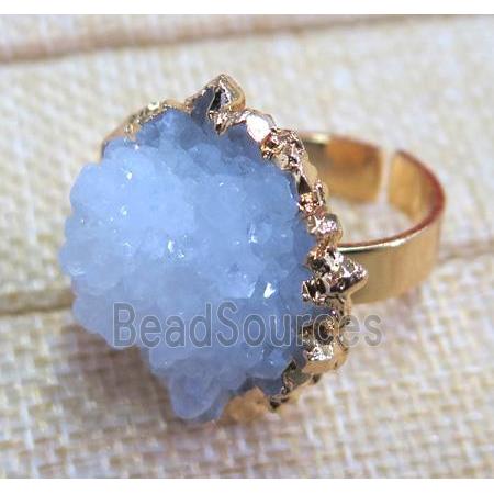 white clear quartz druzy ring, copper, gold plated