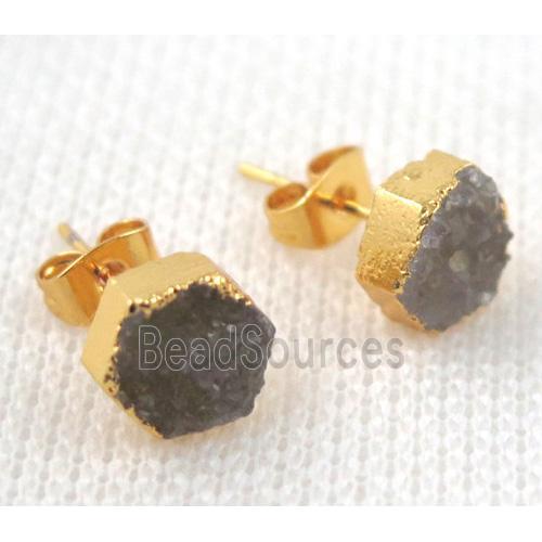 druzy agate earring studs, copper, gold plated