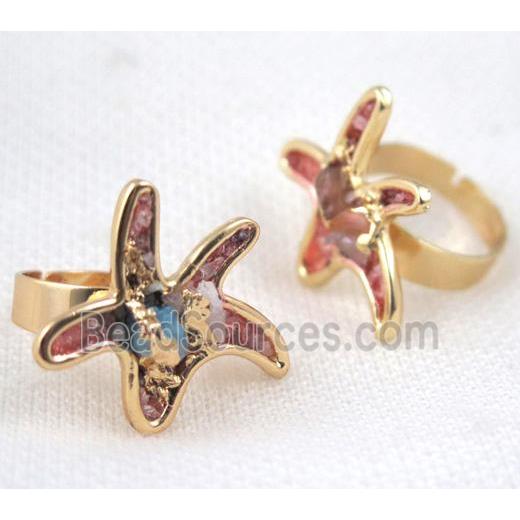 Fluorite ring, starfish, copper, gold plated