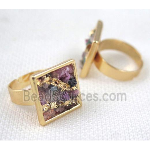 Fluorite ring, square, copper, gold plated