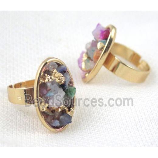 Fluorite ring, oval, copper, gold plated