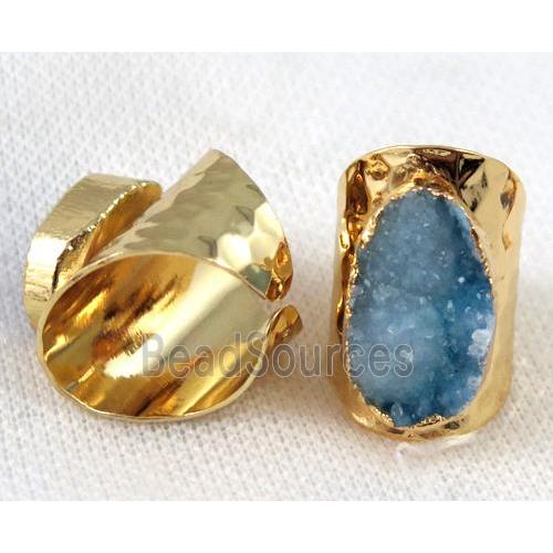 blue druzy quartz ring, copper, gold plated