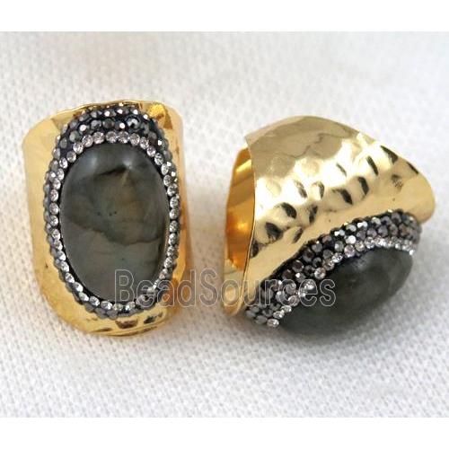 Labradorite ring pave rhinestone, copper, gold plated