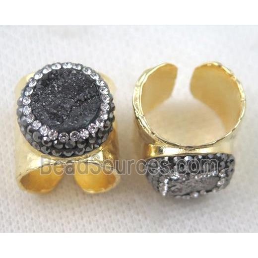 black agate druzy Ring pave rhinestone, copper, gold plated