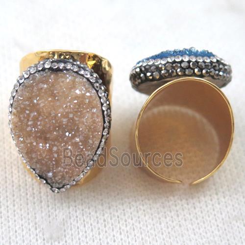 champagne Agate druzy Ring paved rhinestone, copper, gold plated