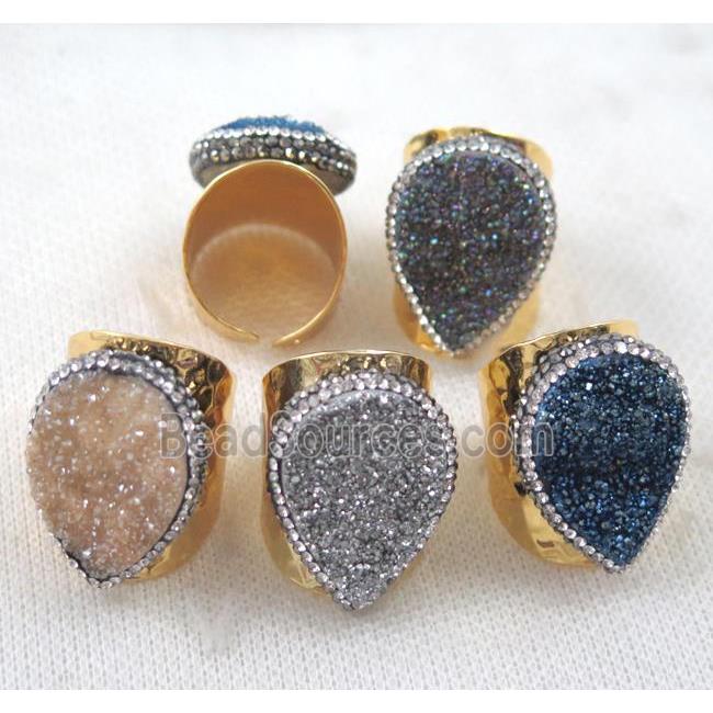 mixed Agate druzy Ring paved rhinestone, copper, gold plated