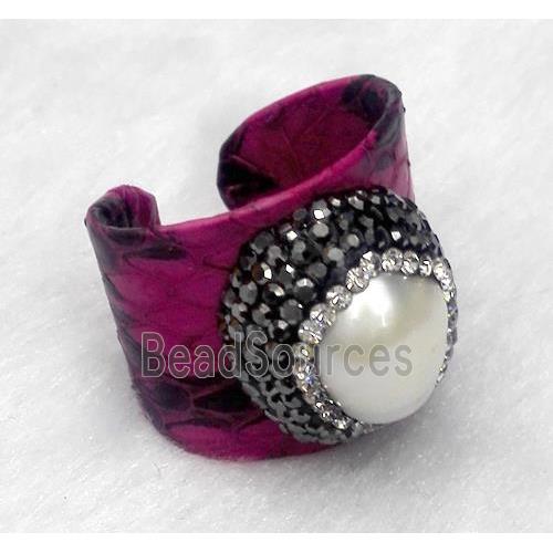 white freshwater pearl pave rhinestone, hotpink snakeskin alloy ring