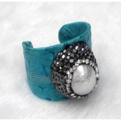 white freshwater pearl pave rhinestone, blue snakeskin alloy ring