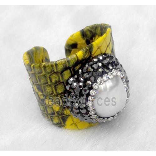 white freshwater pearl pave rhinestone, yellow snakeskin alloy ring