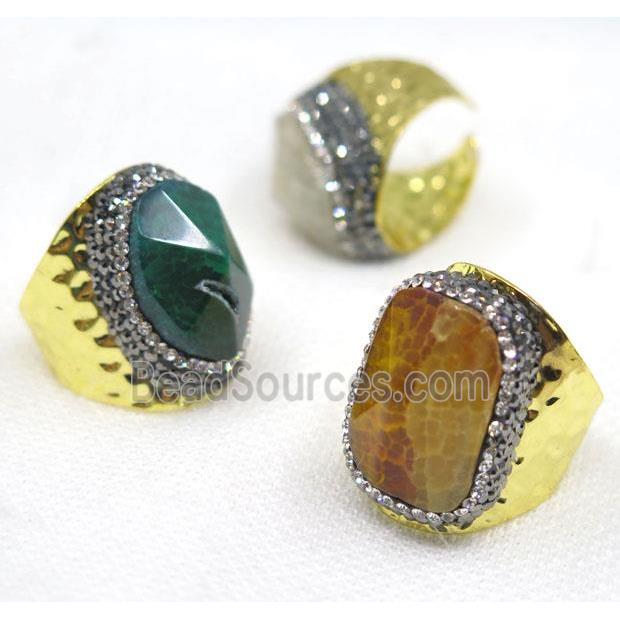 mix color Agate Rings pave rhinestone, copper, gold plated