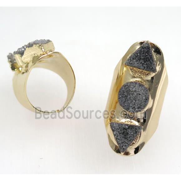 gray druzy quartz ring, gold plated