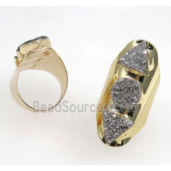 silver druzy quartz ring, gold plated