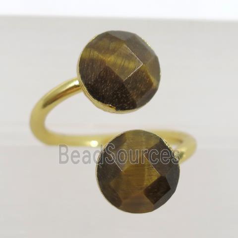 natural yellow Tiger ey stone ring, faceted flatround, gold plated