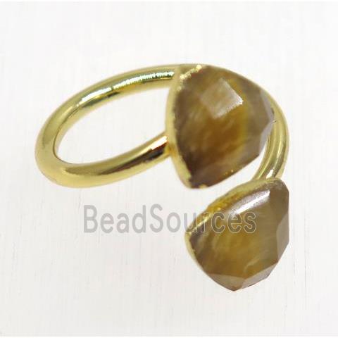 natural yellow Tiger ey stone ring, faceted triangle, gold plated