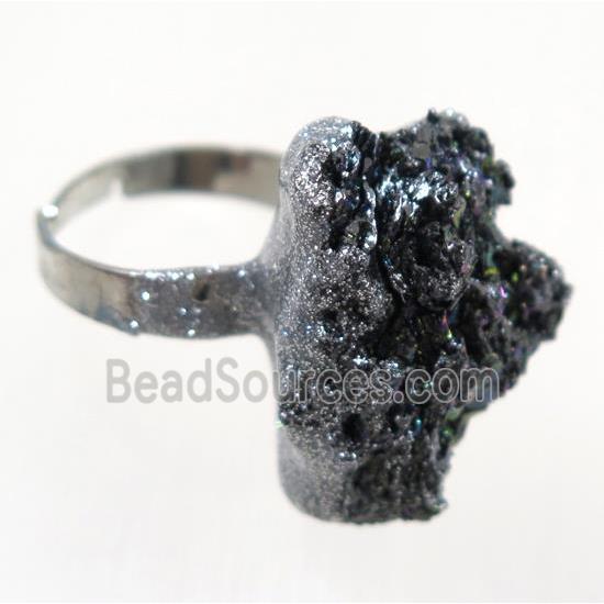 rainbow Lava stone nugget ring, freeform, silver plated