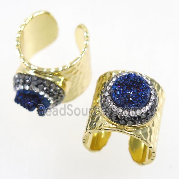 blue Druzy Quartz Copper Ring pave rhinestone, gold plated