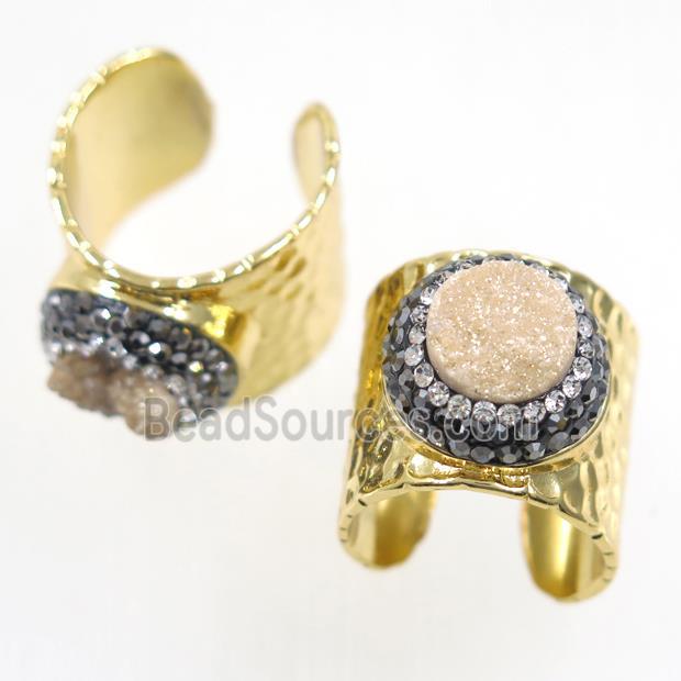 champagne Druzy Quartz Copper Ring pave rhineston, gold plated