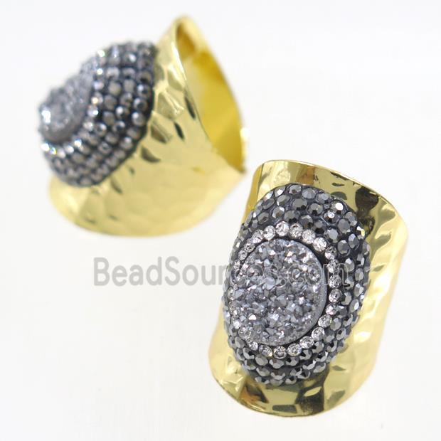 silver Druzy Quartz Copper Ring pave rhineston, gold plated