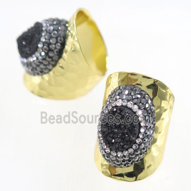 black Druzy Quartz Copper Ring pave rhineston, gold plated