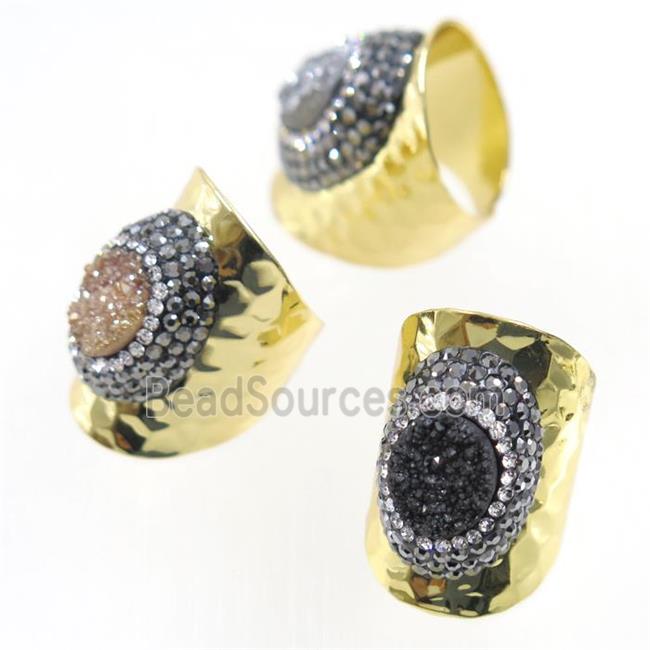 Druzy Quartz Copper Ring pave rhineston, mix color, gold plated