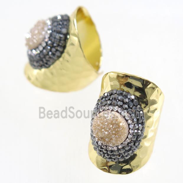 champagne Druzy Quartz Copper Ring pave rhineston, gold plated