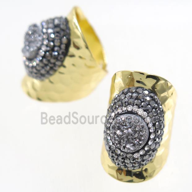 silver Druzy Quartz Copper Ring pave rhineston, gold plated