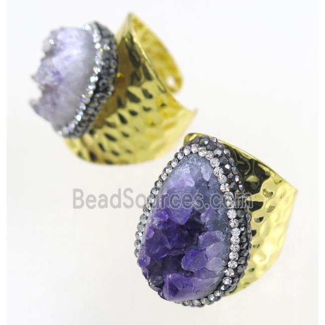 Druzy Amethyst copper Ring paved rhinestone, gold plated