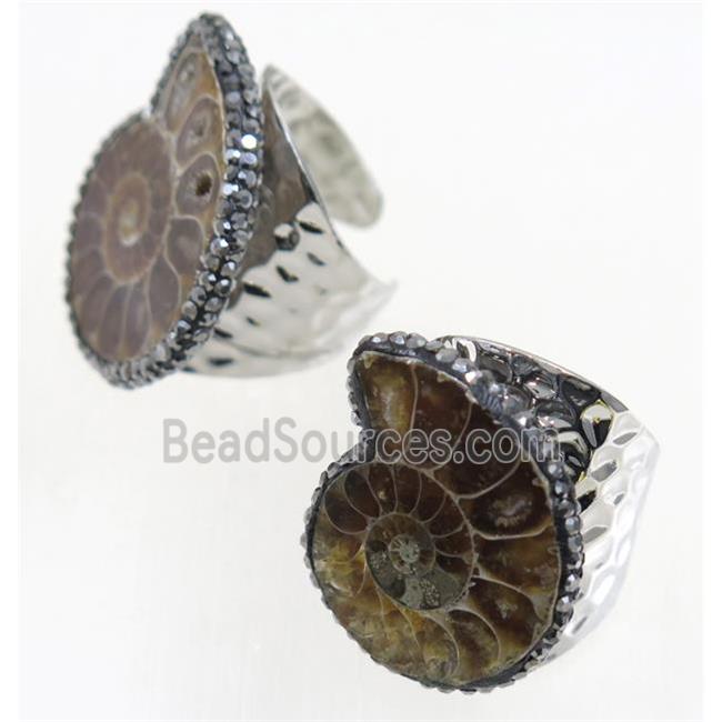 Ammonite Fossil copper Ring paved rhinestone, silver plated