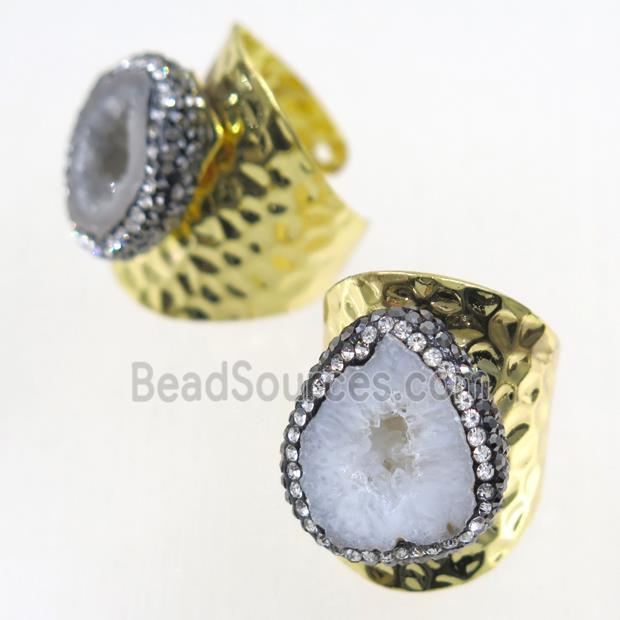 druzy Agate copper Ring paved rhinestone, gold plated