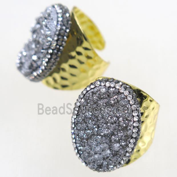 silver Druzy Quartz copper Ring paved rhinestone, gold plated