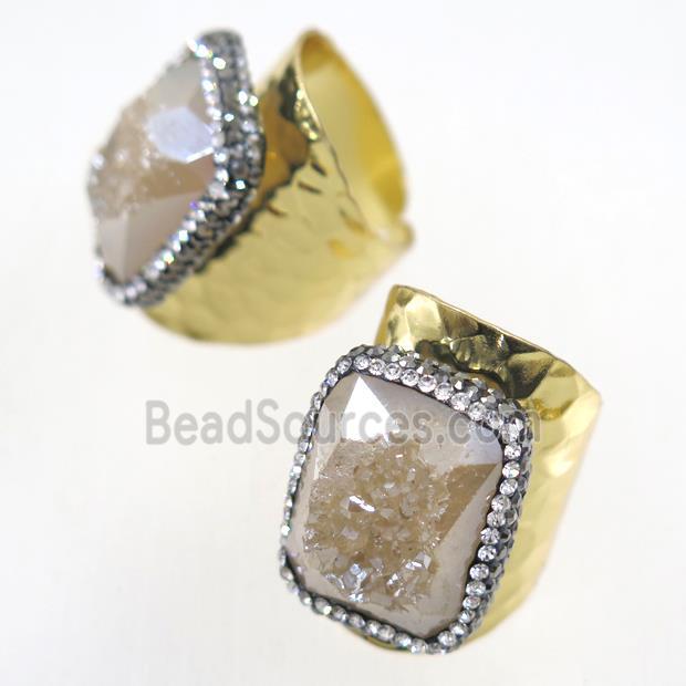 champagne Druzy Agate geode copper ring pave rhinestone, gold plated