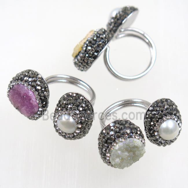 freshwater Pearl and Druzy Ring paved rhinestone