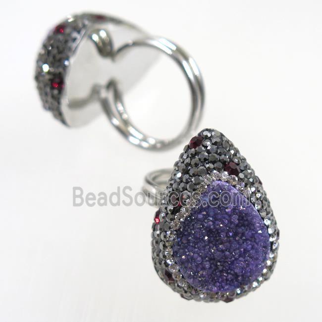 purple Quartz Druzy Ring paved rhinestone, teardrop