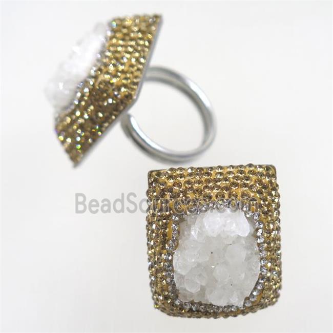 white Quartz Druzy ring paved yellow rhinestone