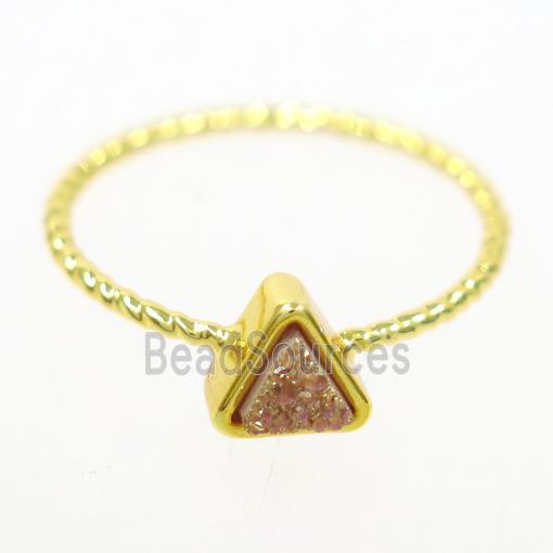 gold champagne druzy quartz ring, triangle, gold plated