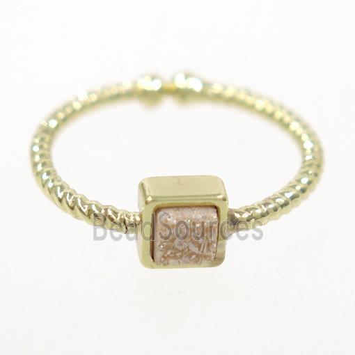 gold champagne druzy quartz ring, square, gold plated