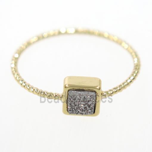 silver druzy quartz ring, square, gold plated