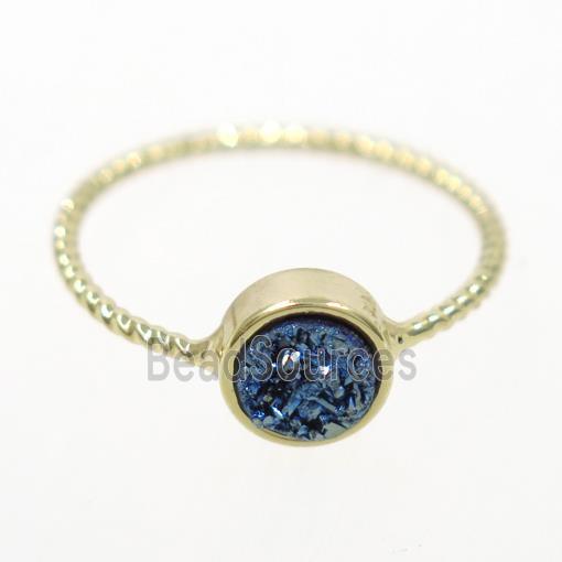 blue druzy quartz ring, circle, gold plated