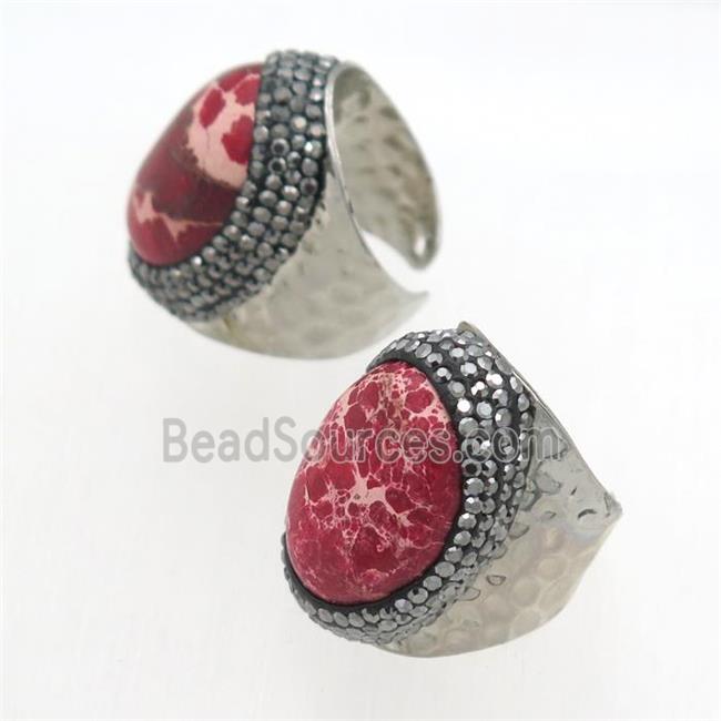 red Imperial Jasper Rings paved rhinestone, copper, platinum plated