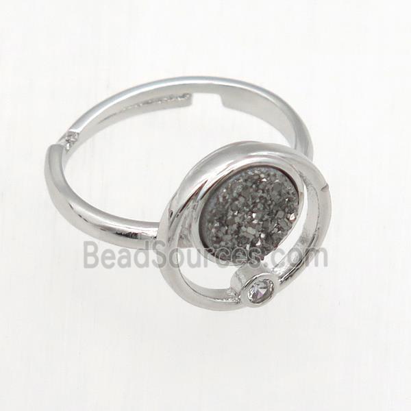 silver Druzy Quartz Rings, copper, platinum plated