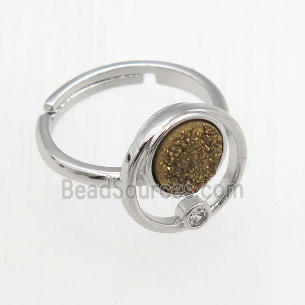 golden Druzy Quartz Rings, copper, platinum plated